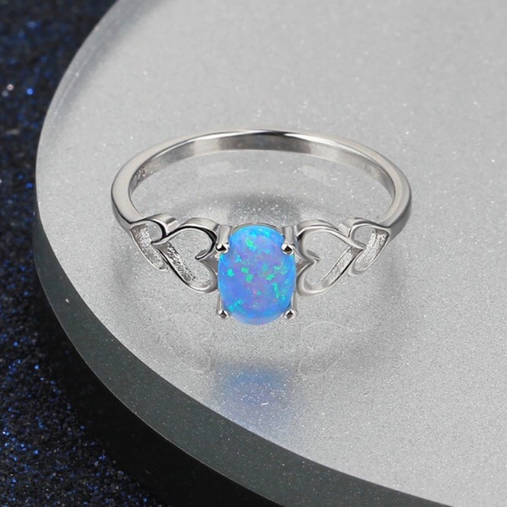 SOLD OUT — 925 Silver Blue Opal and Hearts Ring - Picture 2 of 8